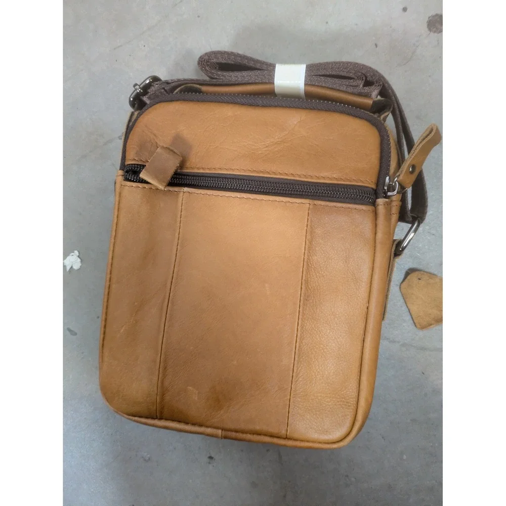 NEW Steel Lion Messenger Bag Men's Medium Tan Leather Multi-Zip Crossbody